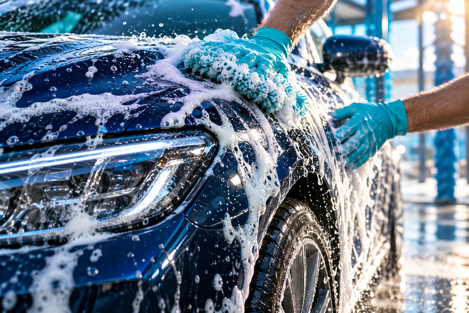Imagen promocional de manos con guantes turquesa lavando con espuma un auto azul